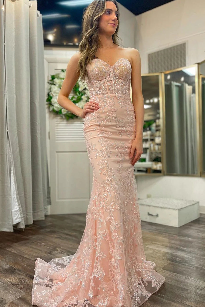 Lace Long Pink Mermaid Dress Long Mermaid Lace Appliqued Beaded