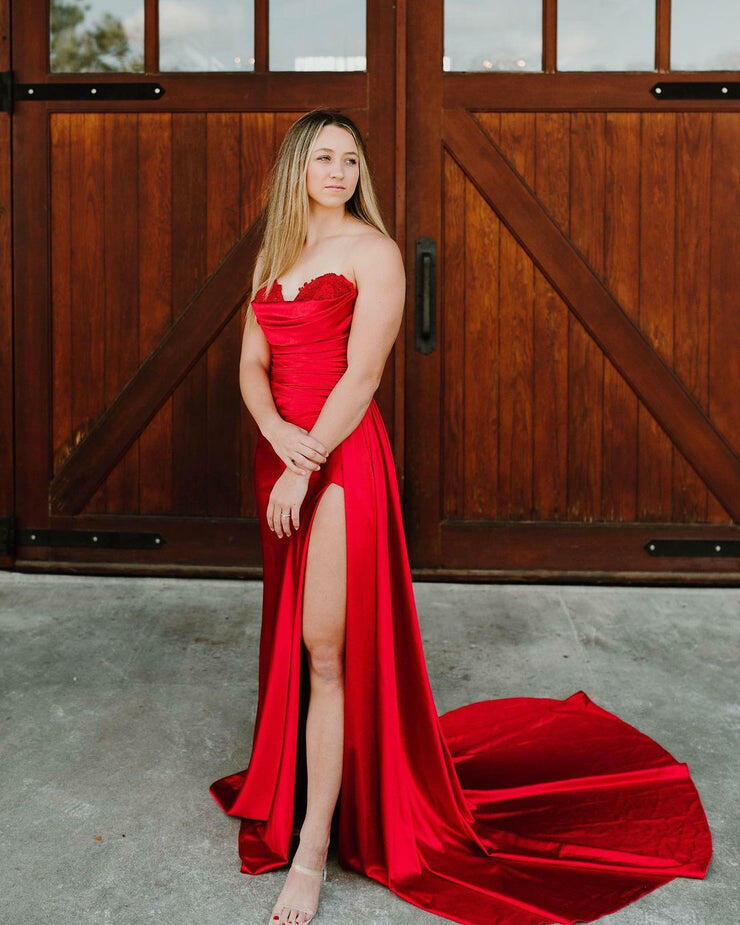 Roycebridal Vida |Mermaid Strapless Satin Prom Dress with Slit