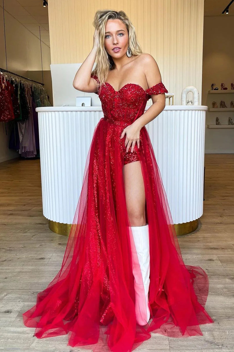 Roycebridal Ashlee | Robe de bal longue à paillettes rouges et épaules dénudées