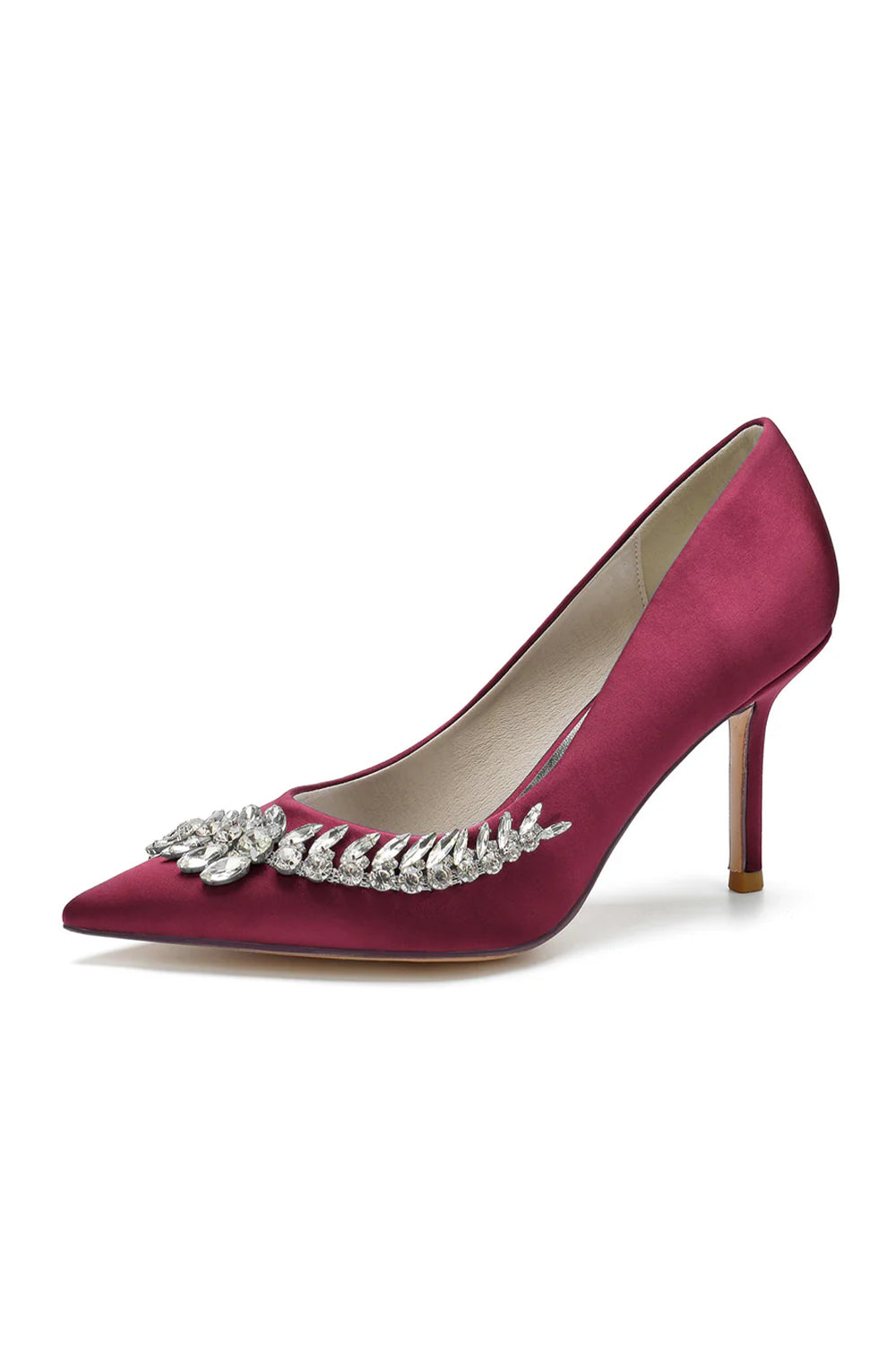 Satin-Pumps mit spitzer Zehenpartie und Kristallen an der Seite