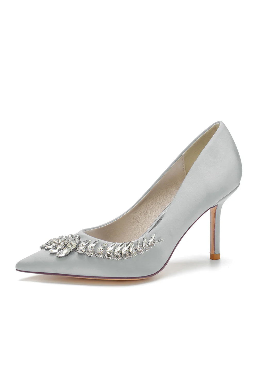Satin-Pumps mit spitzer Zehenpartie und Kristallen an der Seite