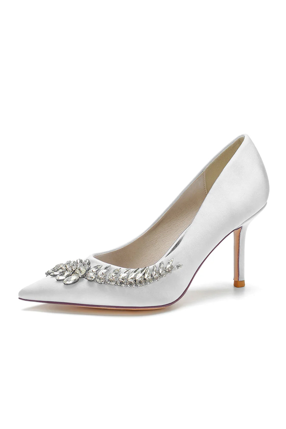 Satin-Pumps mit spitzer Zehenpartie und Kristallen an der Seite