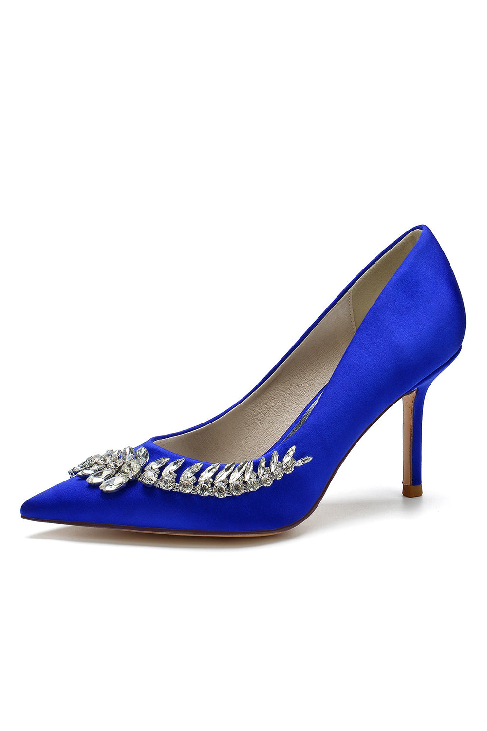 Satin-Pumps mit spitzer Zehenpartie und Kristallen an der Seite