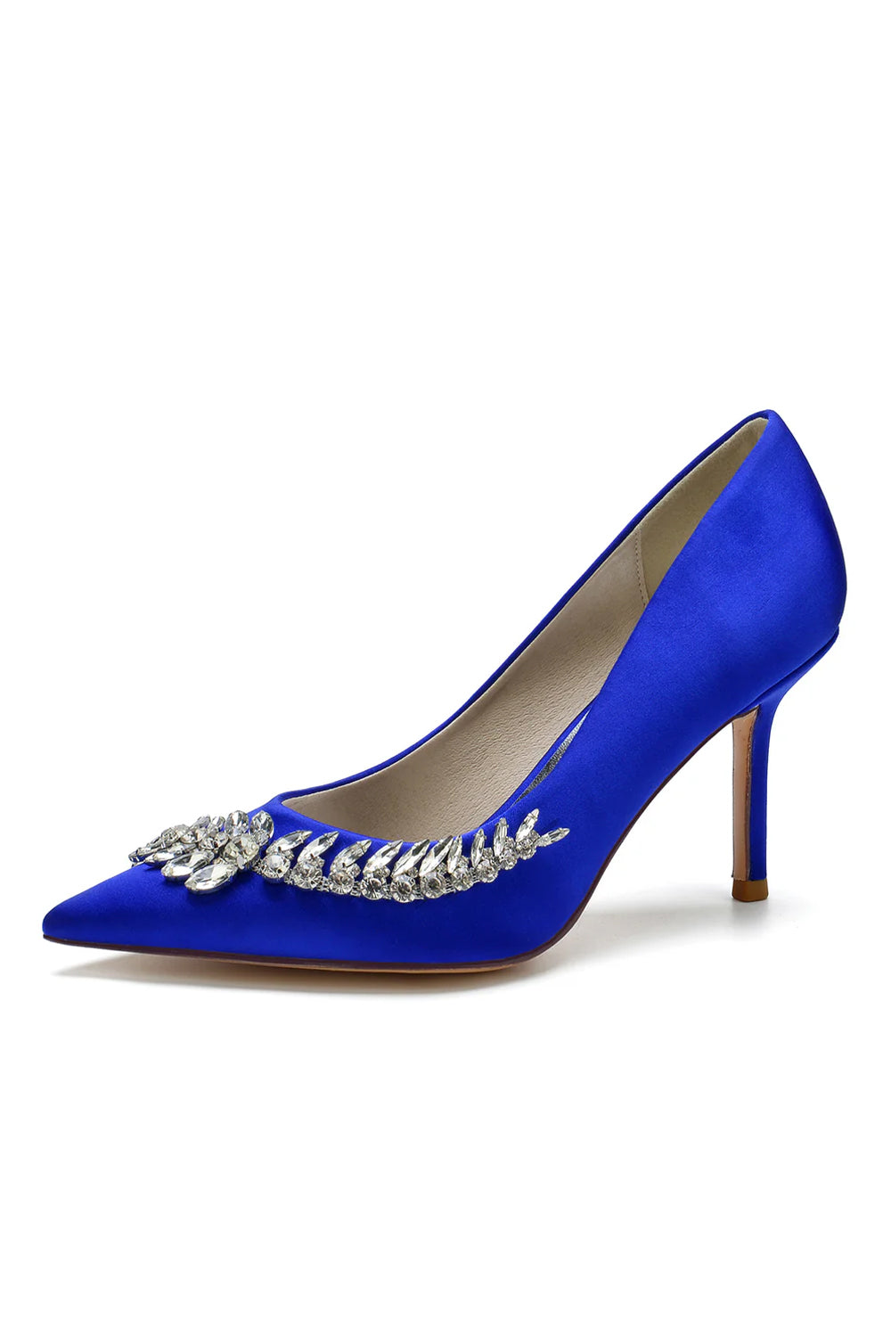Satin-Pumps mit spitzer Zehenpartie und Kristallen an der Seite