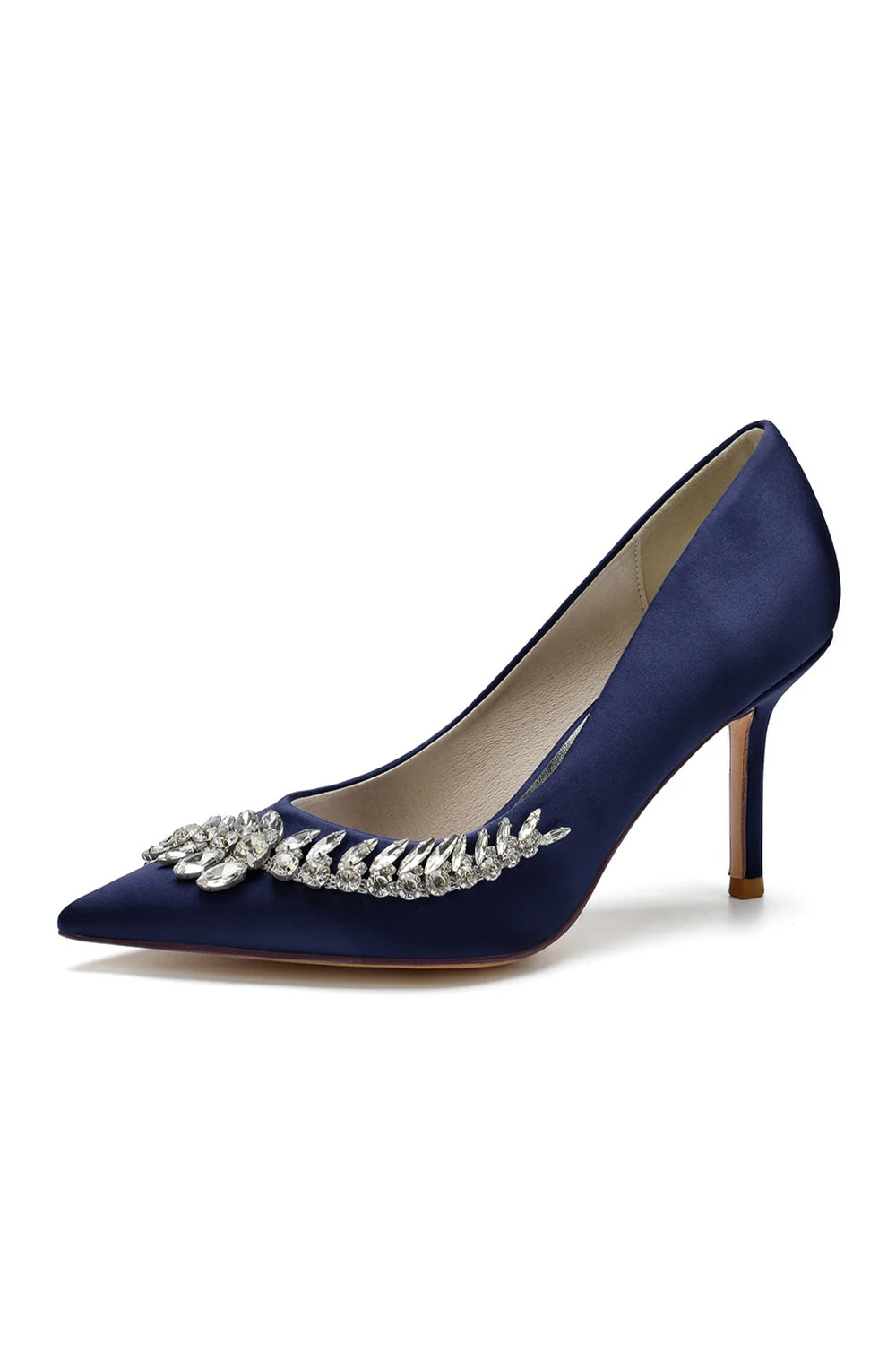 Satin-Pumps mit spitzer Zehenpartie und Kristallen an der Seite