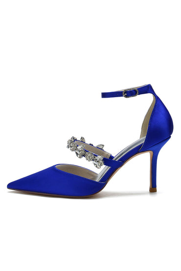 Escarpins à talons hauts en satin à bout pointu et bride en cristal