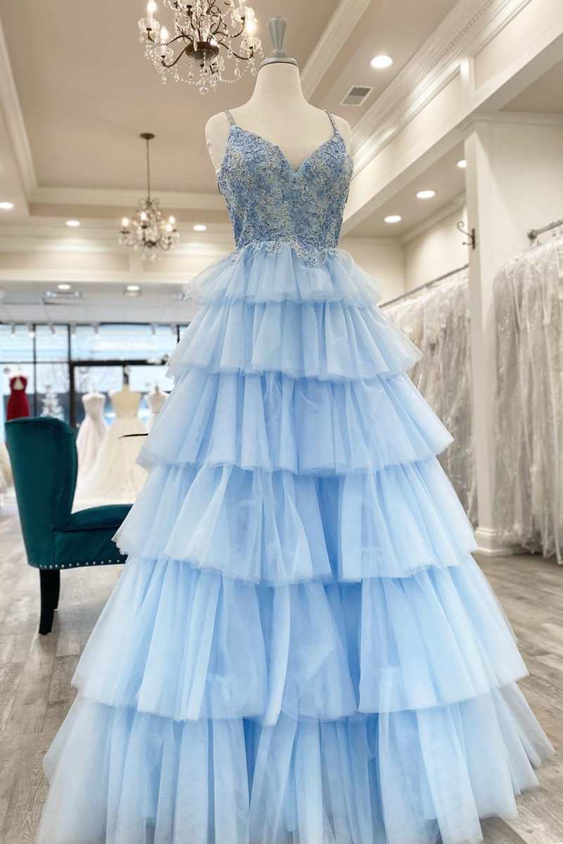 Roycebridal Floral Lace V-Neck Multi-Tiered A-Line Prom Dress