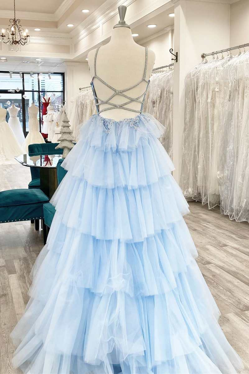 Roycebridal Floral Lace V-Neck Multi-Tiered A-Line Prom Dress