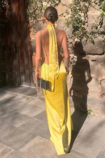Yellow Halter Deep V Neck Satin Sheath Backless Long Mermaid Prom Dress