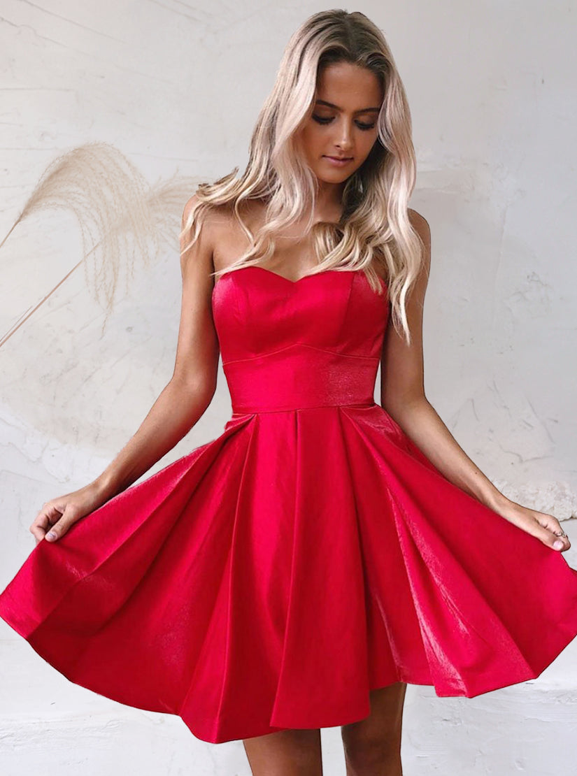 Robe de soirée trapèze rouge simple à col en V et sans manches