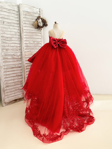 Robe de demoiselle d'honneur rouge à paillettes, en dentelle et tulle, avec traîne amovible, pour fête de mariage