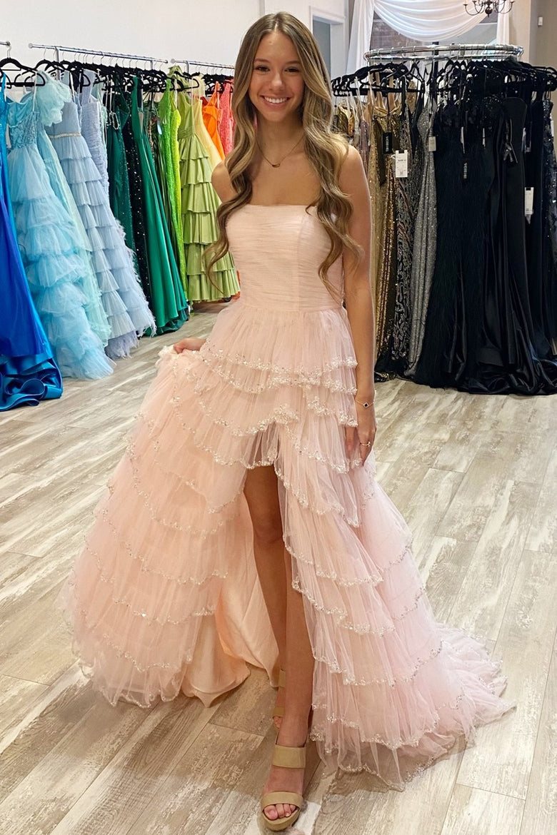 Roycebridal Braelyn | Hellblaues trägerloses Ballkleid aus mehrlagigem Tüll mit Pailletten