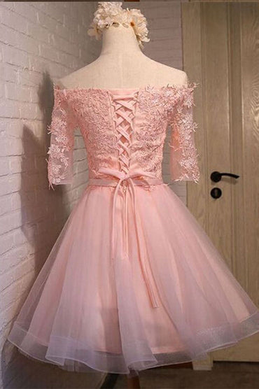 Schulterfreies, halblanges, kurzes Homecoming-Kleid mit Applikationen