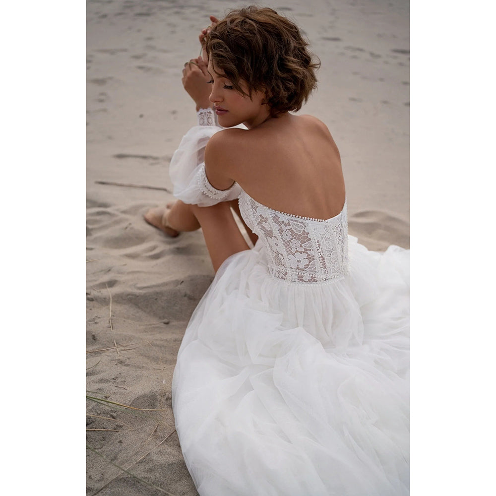 Boho Sweetheart Neck Long Puff Sleeve Lace Top A Line Wedding Dress