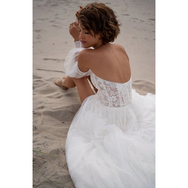 Boho Sweetheart Neck Long Puff Sleeve Lace Top A Line Wedding Dress