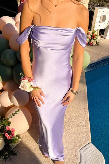 Lilac Off The Shoulder Sheath Satin Long Mermaid Prom Dress