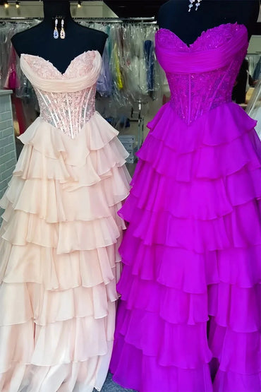 Pink Strapless Appliques Chiffon Ruffled A Line Prom Dress