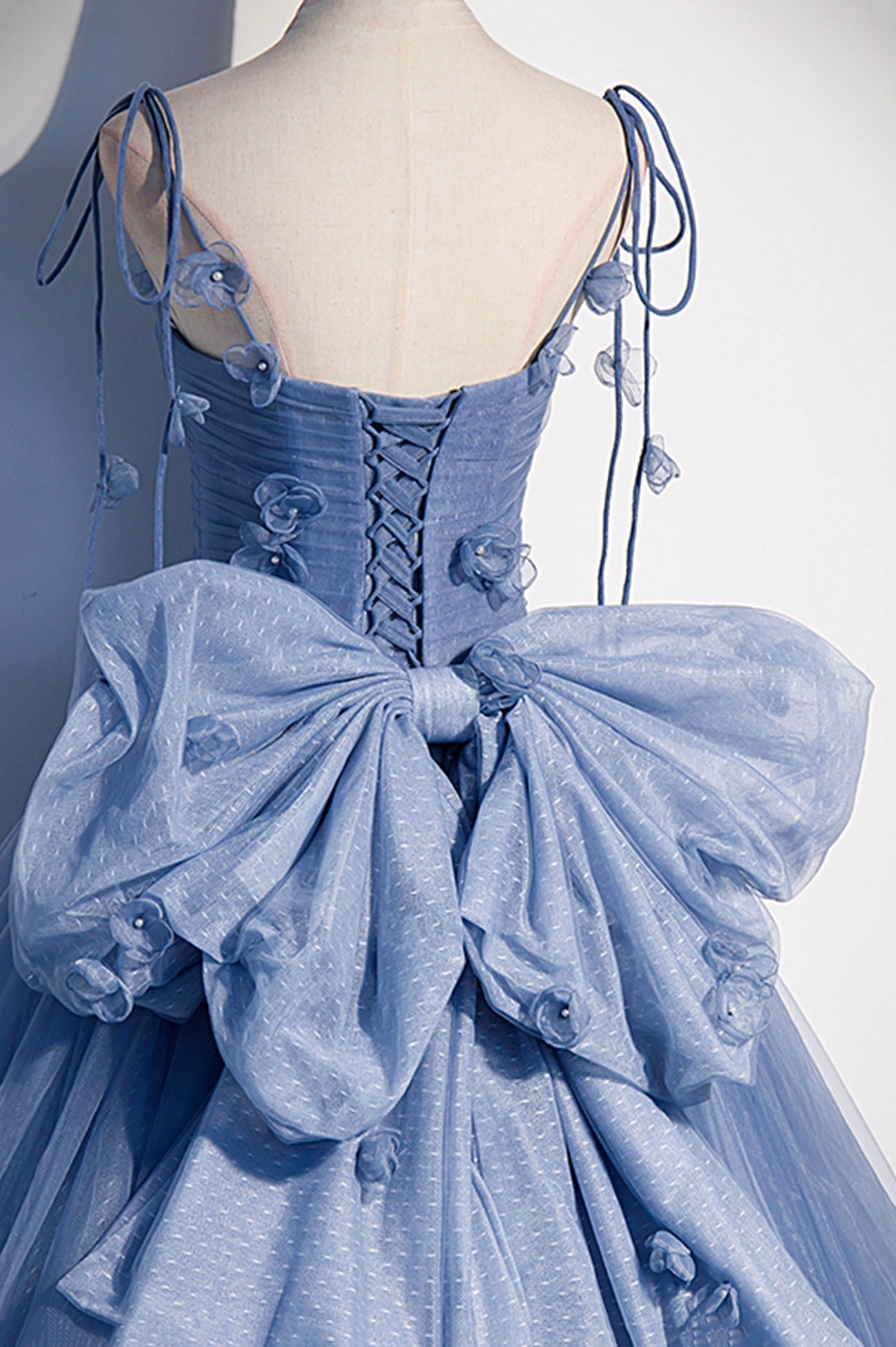 Roycebridal Karla | Blue Tulle Long A-Line Prom Dress Blue Spaghetti Straps Party Dress with Bow