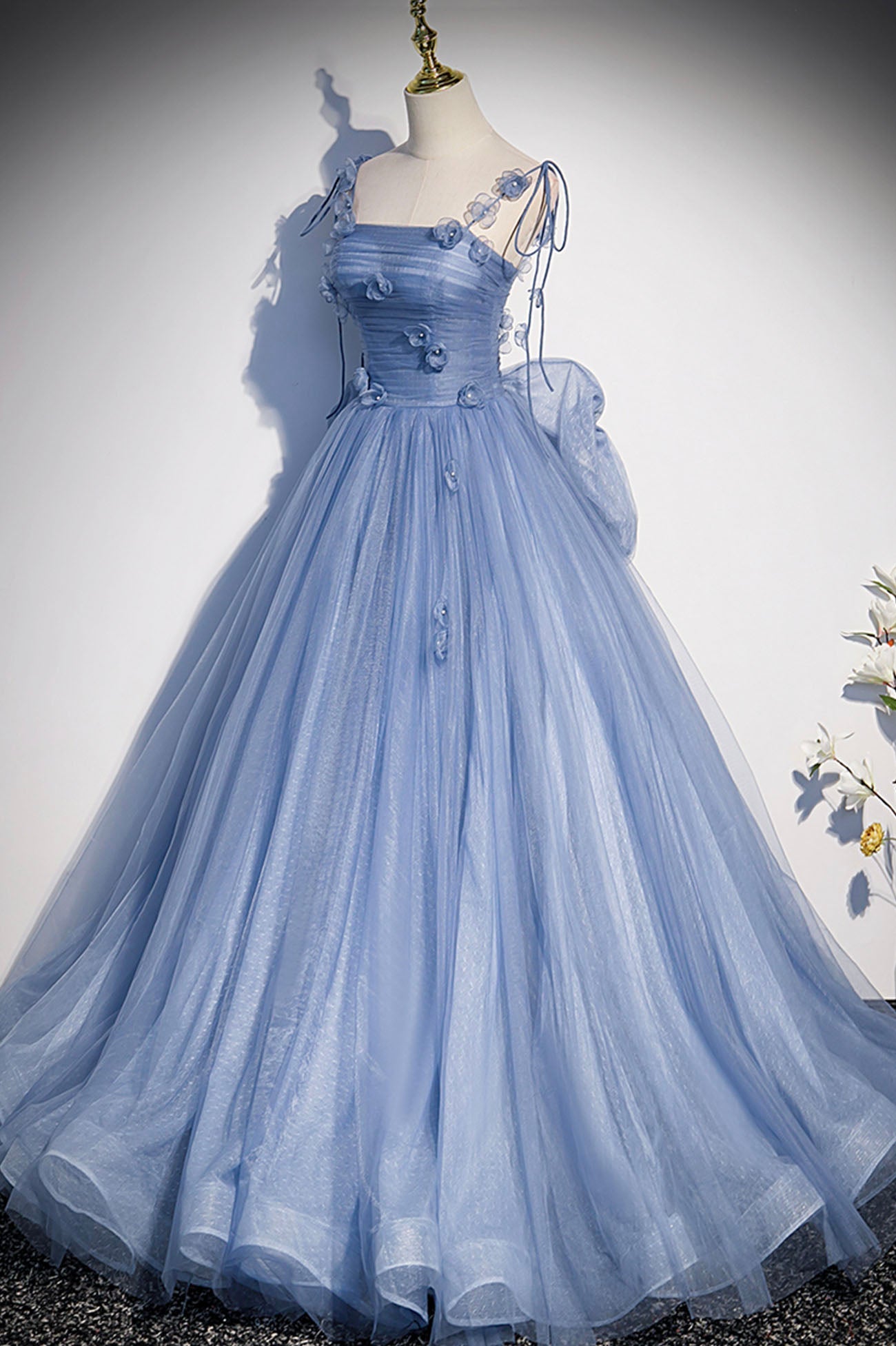 Roycebridal Karla | Blue Tulle Long A-Line Prom Dress Blue Spaghetti Straps Party Dress with Bow