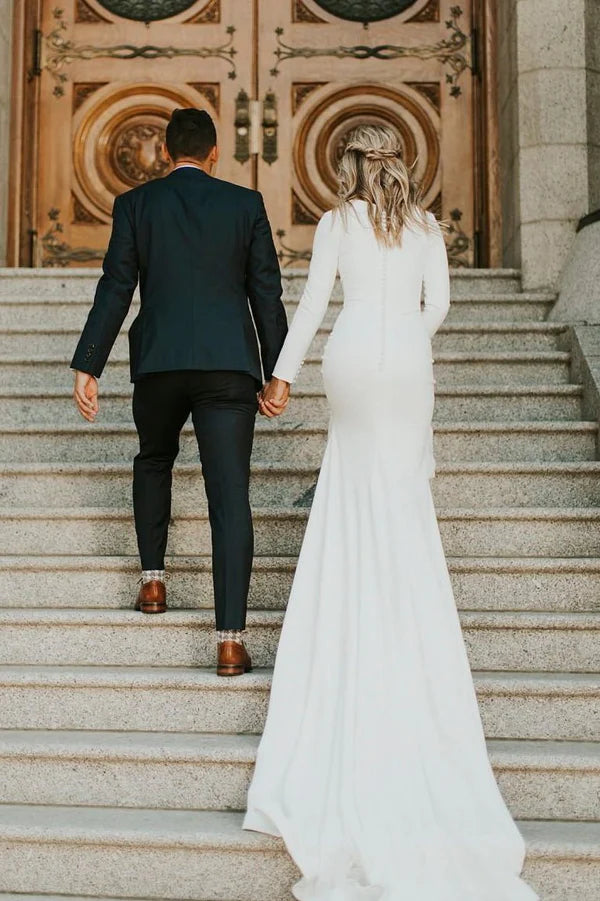 Ivory Minimalist Long Sleeve Formal Mermaid Wedding Dress Custom Made Customized