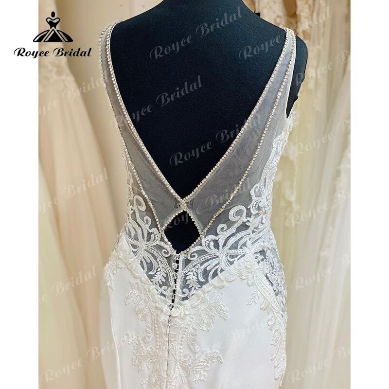 Roycebridal 2025 Sexy Mermaid/Trumpet Lace Boho Backless Soft Satin Wedding Dress with V Neck Spaghetti Straps Wedding Gown vestido de boda