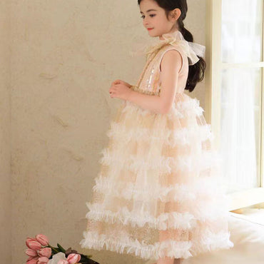 Jill Wish Elegantes Champagnerkleid Geschmeidig für Baby Kind Prinzessin Geburtstag Hochzeit Party Kinder Urlaub Fee Tägliches Kleid 2024 J031