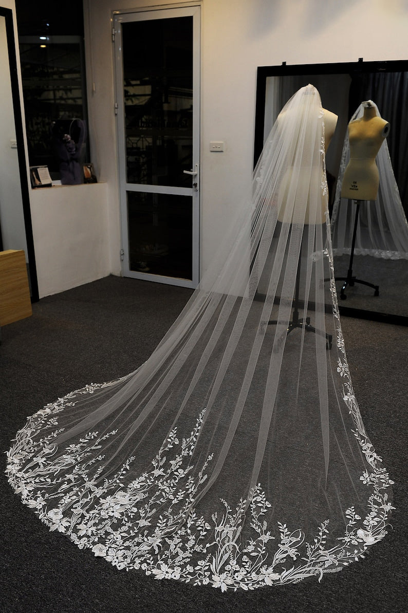 Roycebridal Vintage Flower Lace Veil Cathedral Tulle Bridal veil