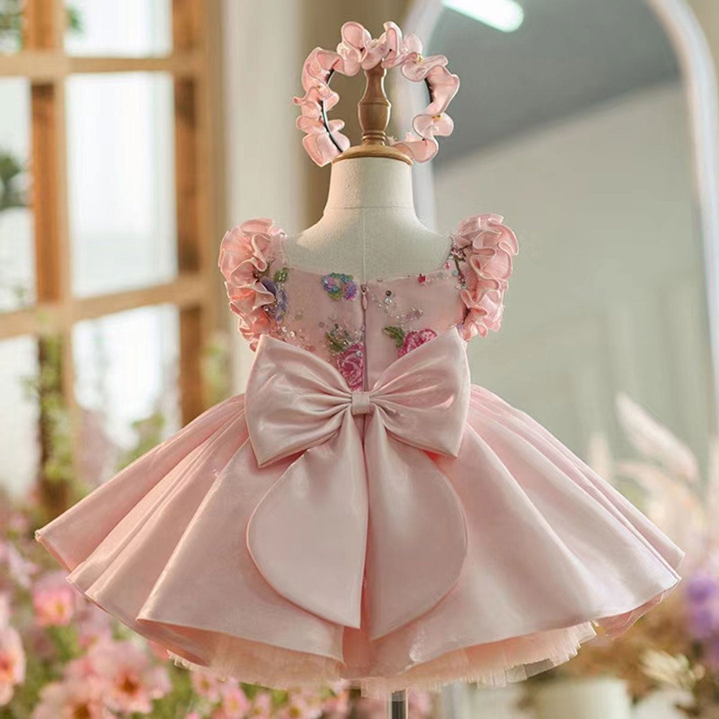 Roycebridal Elegant Dubai Pink Girl Dress 3D Flowers with Hairband for Kids Wedding Birthday Communion Party Pageant 2025 J026