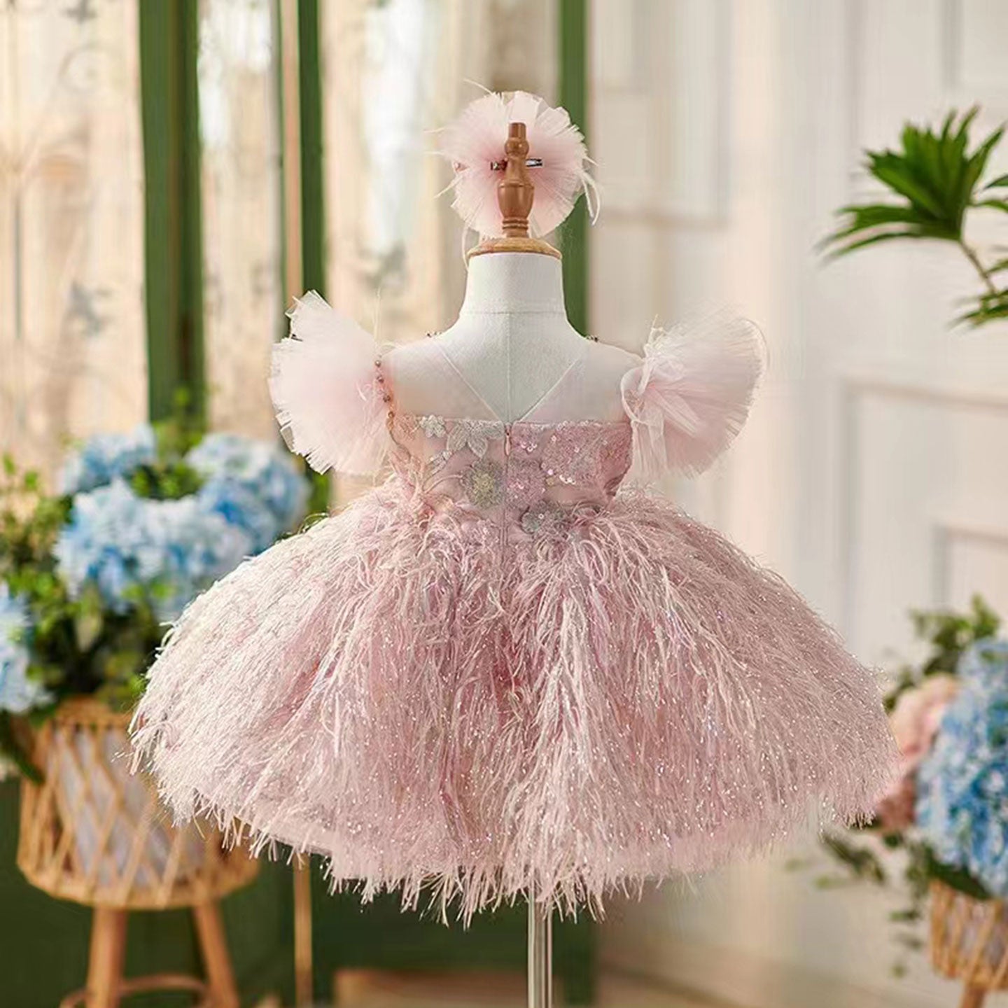 Roycebridal Elegant Pink Flower Girl Dresses with Hairband Feathers for Baby Kids Wedding Birthday Communion Party Pageant J082