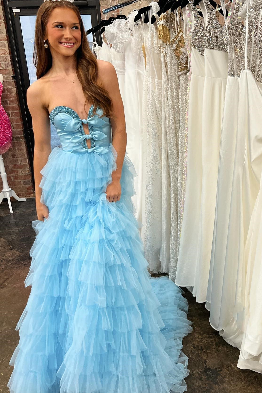 Roycebridal Peggy | Black Strapless Bow Ruffle Long Prom Dress with Slit