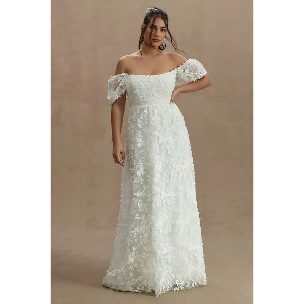 Sexy Strapless Neck Off the Shoulder Puff Sleeve Full Lace A Line Wedding Dress