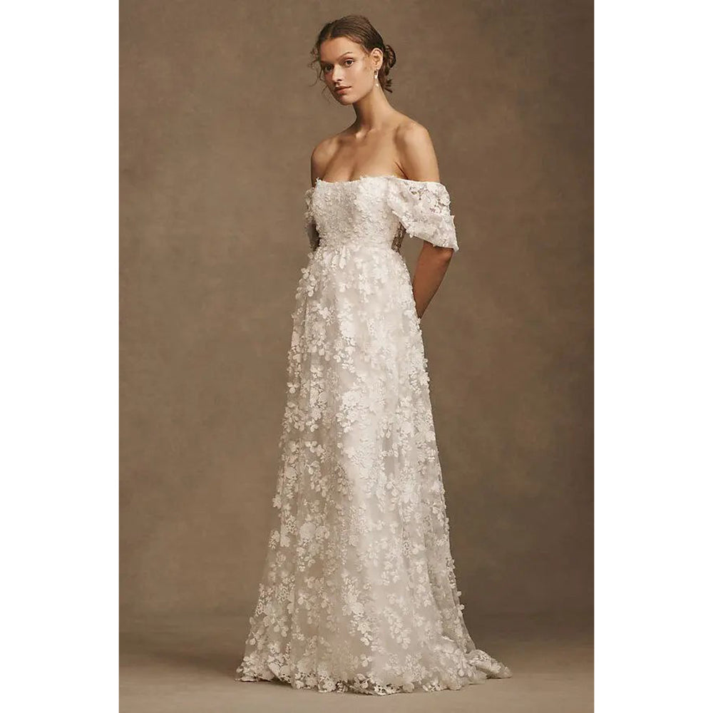 Sexy Strapless Neck Off the Shoulder Puff Sleeve Full Lace A Line Wedding Dress