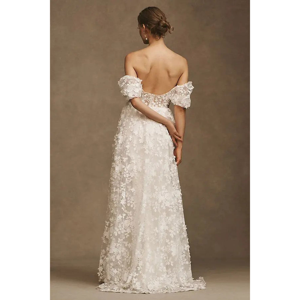 Sexy Strapless Neck Off the Shoulder Puff Sleeve Full Lace A Line Wedding Dress