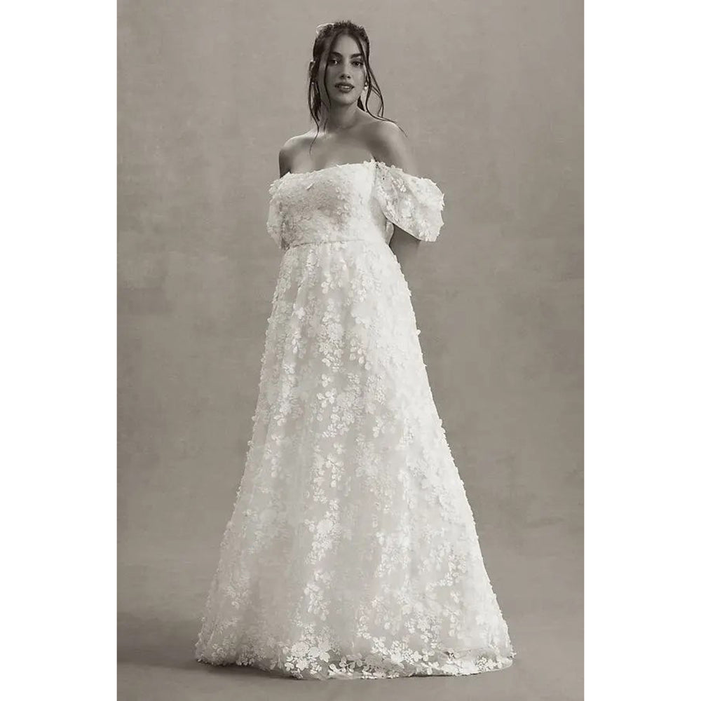 Sexy Strapless Neck Off the Shoulder Puff Sleeve Full Lace A Line Wedding Dress