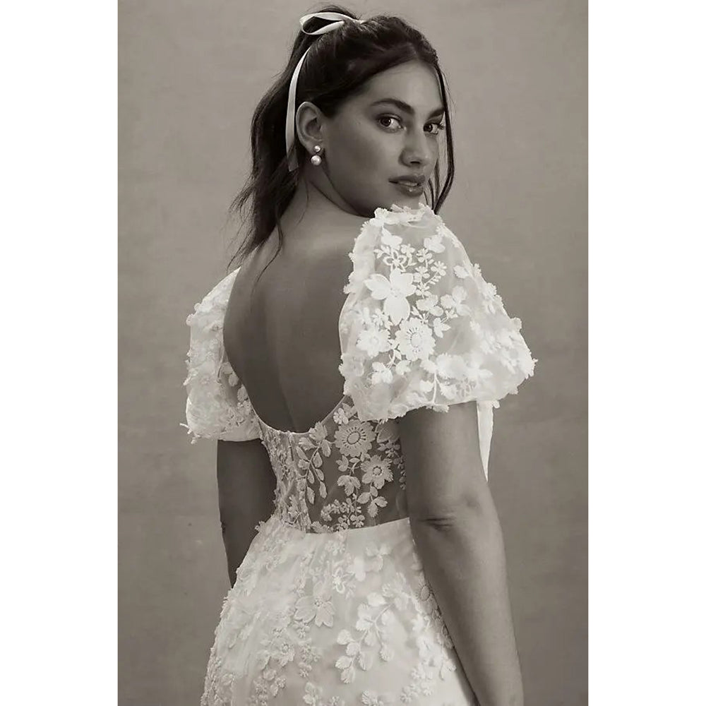 Sexy Strapless Neck Off the Shoulder Puff Sleeve Full Lace A Line Wedding Dress