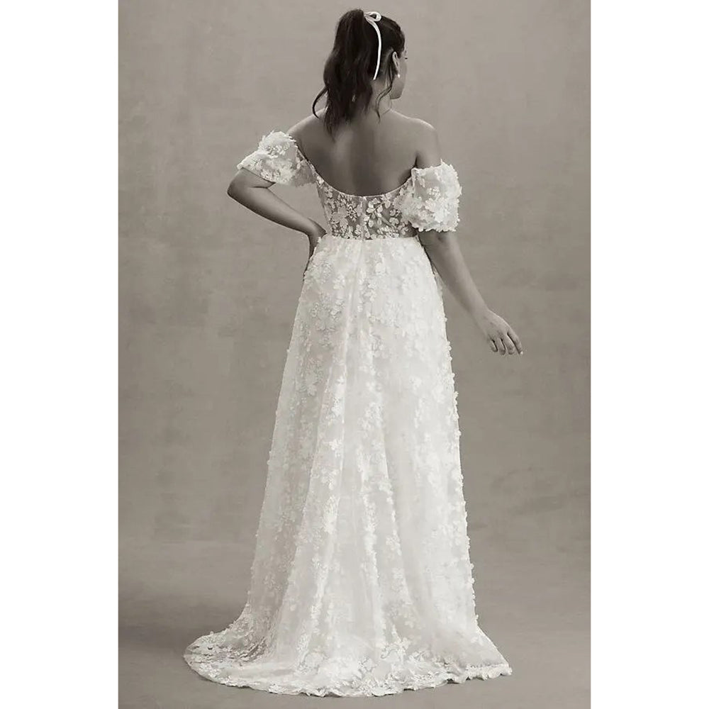 Sexy Strapless Neck Off the Shoulder Puff Sleeve Full Lace A Line Wedding Dress