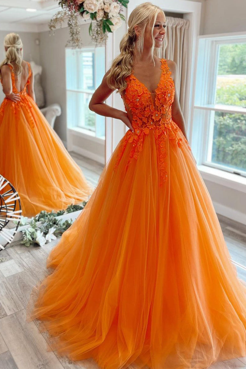 Roycebridal Marigold | Langes A-Linien-Ballkleid aus Tüll mit V-Ausschnitt und Applikationen