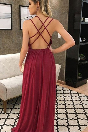 Robe de demoiselle d'honneur bordeaux à col en V profond et robe plissée à fente haute