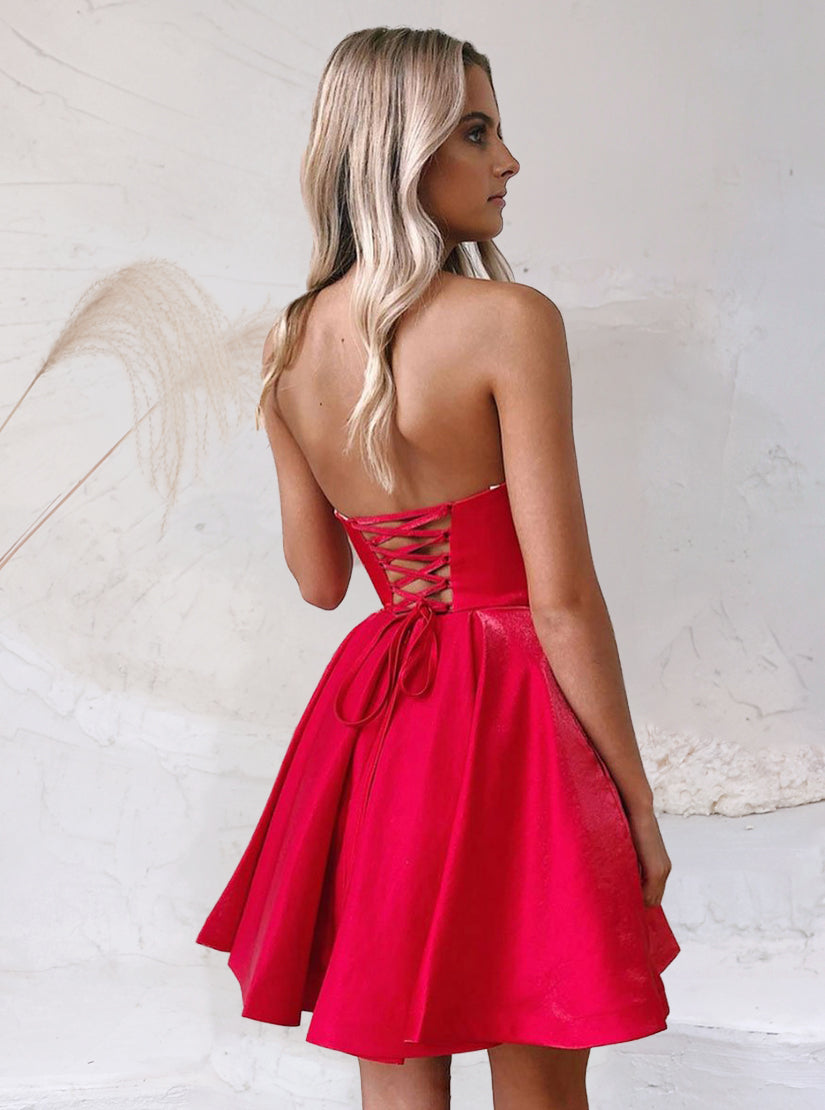 Robe de soirée trapèze rouge simple à col en V et sans manches