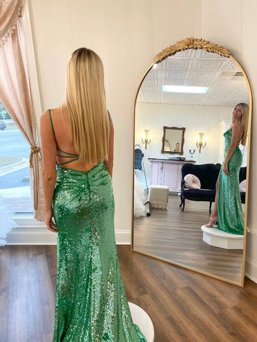 Roycebridal River | Schickes, elegantes, langes Ballkleid mit Spaghettiträgern und Pailletten in Salbeigrün