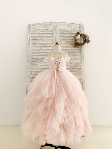 Robe de demoiselle d'honneur de mariage en tulle rose à volants et épaules dénudées, longueur au sol
