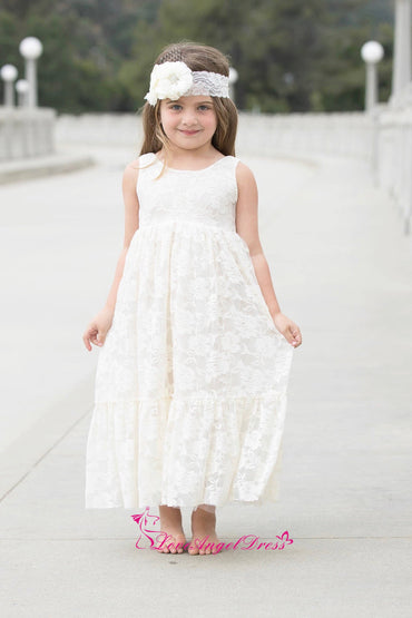Robe bébé fille en dentelle ivoire, col rond, longueur cheville, avec ceinture fleurie