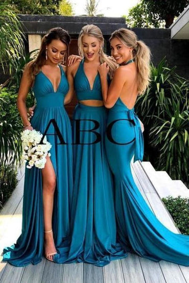 Robe de demoiselle d'honneur longue deux pièces bleu marine à dos nu et à plusieurs positions, style plage