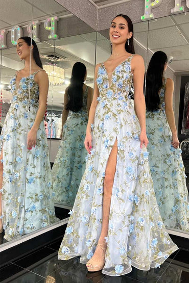 Roycebridal Hellblaues, tiefes V-Ausschnitt-Ballkleid aus Organza in A-Linie mit 3D-Blumenspitze