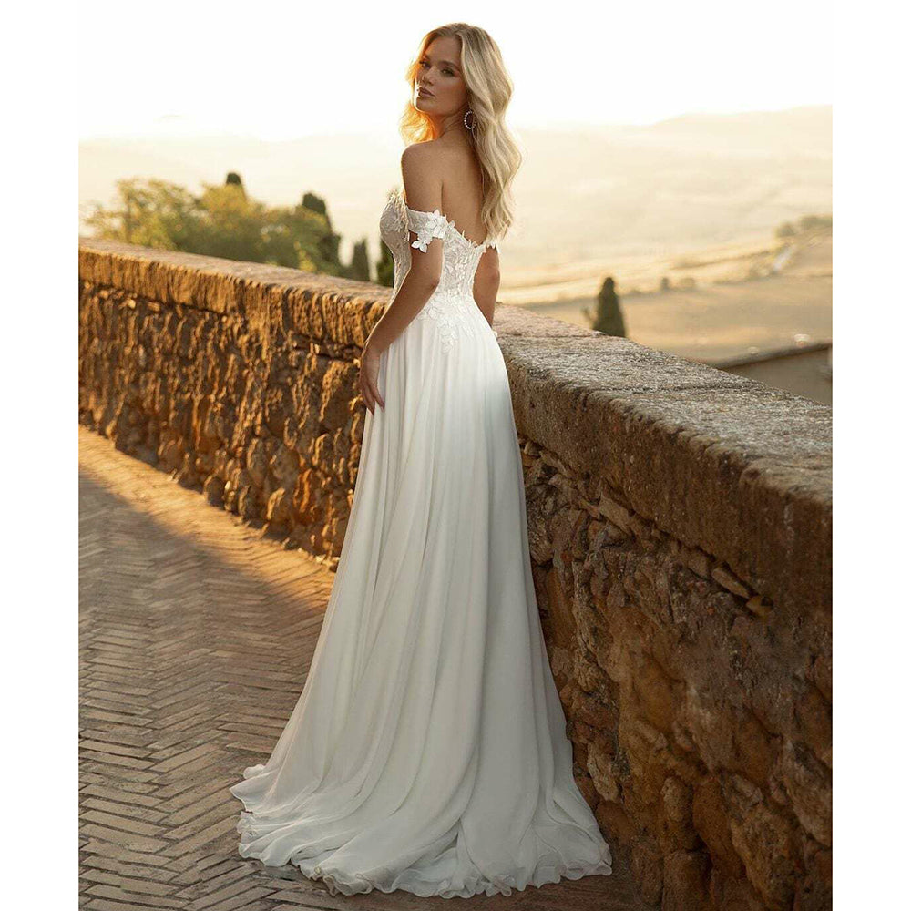 Sexy Slit Sweetheart Neck Off the Shoulder Lace Top Chiffon A Line Wedding Dress