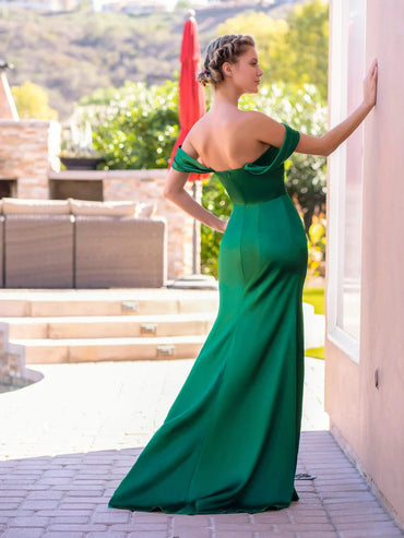Hunter Green Off the Shoulder Satin Evening Mermaid Prom Dress