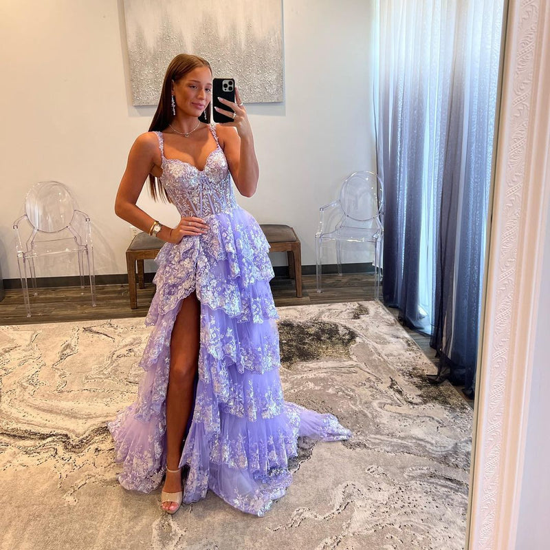 Roycebridal – Lavendelfarbenes Prinzessinnen-A-Linien-Ballkleid mit schulterfreiem Korsett und Spitzenrüschen
