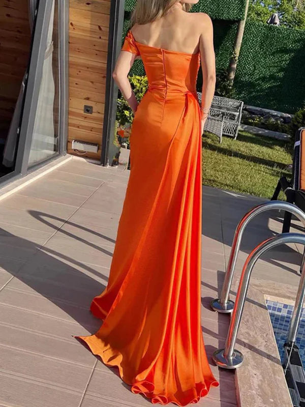 Orange Pleated Satin Empire-Waist Long Mermaid Prom Dress