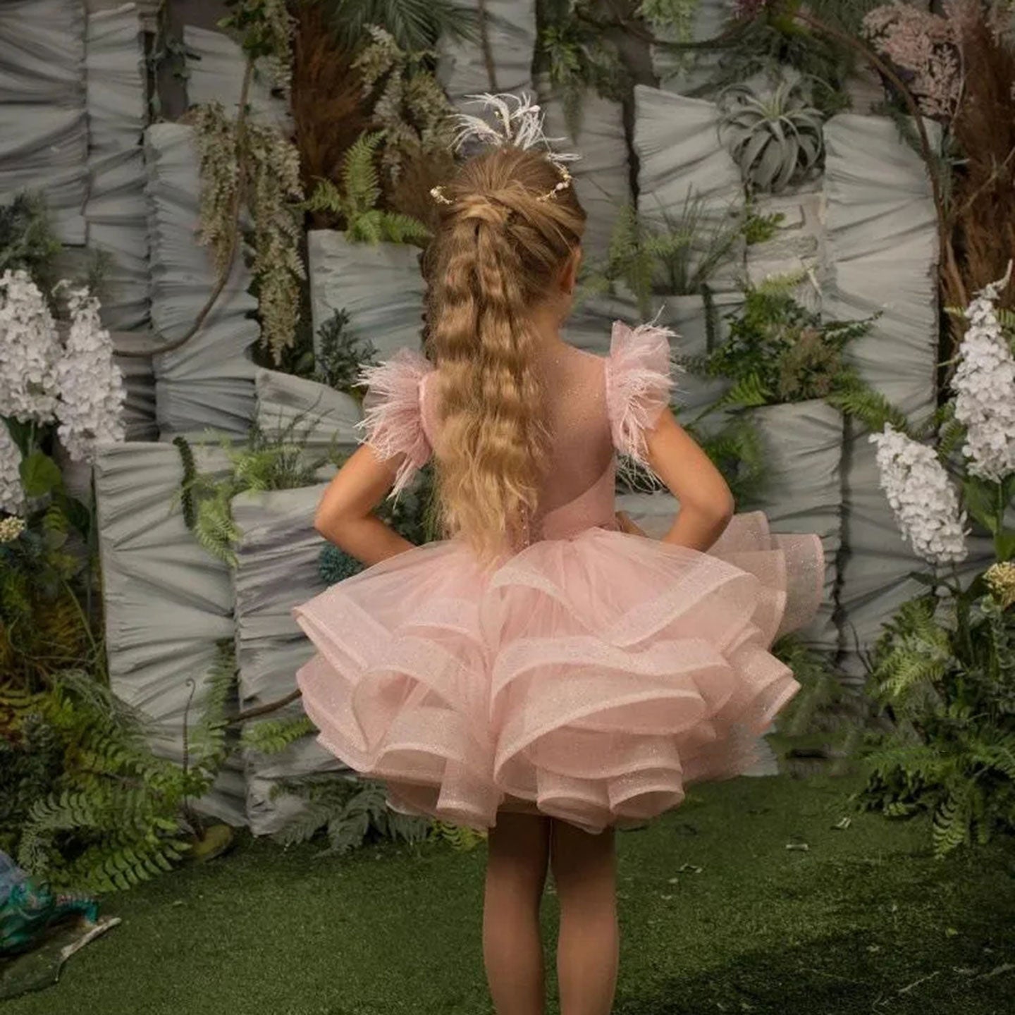 Roycebridal Luxury Pink Baby Flower Girl Dress Feathers Princess Kids Ball Gown for Birthday Wedding Party Holy Communion J144