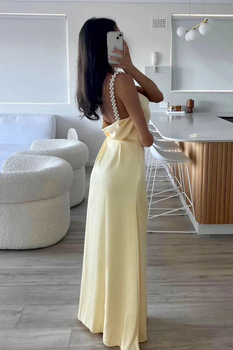Yellow Sheath Spaghetti Straps Pearls Satin Long Mermaid Prom Dress